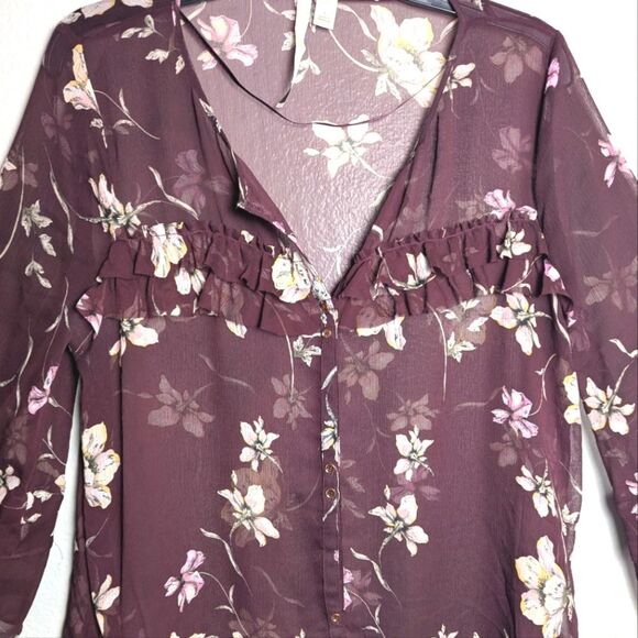 Lauren Conrad Sheer Purple & Cream Floral Ruffle Bell Sleeve Blouse Top Womens l - Picture 3 of 5
